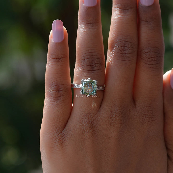 Green Step Cut Cushion Moissanite Engagement Ring