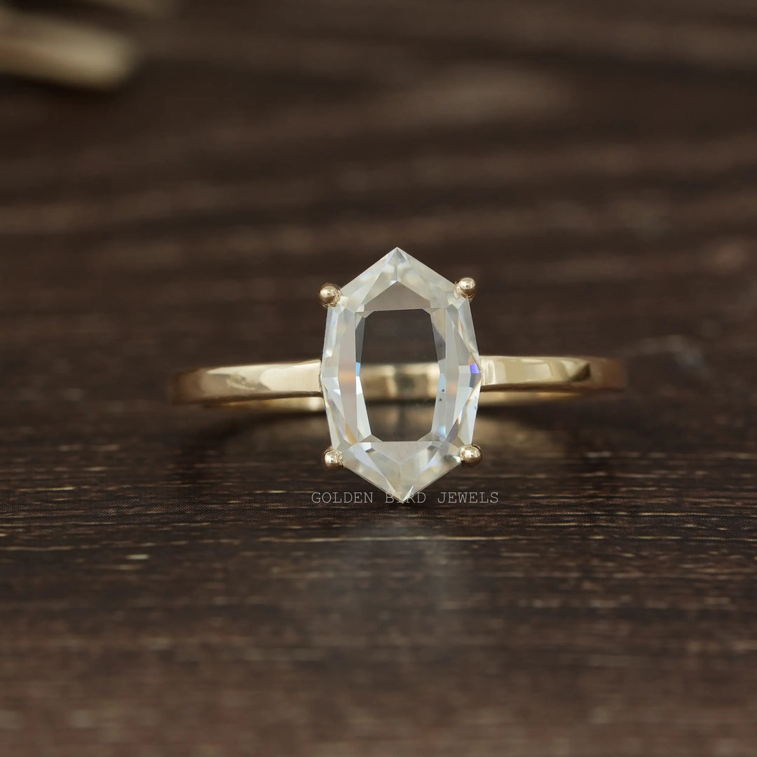 Portrait Cut Hexagon Moissanite Solitaire 14K Yellow Gold Ring