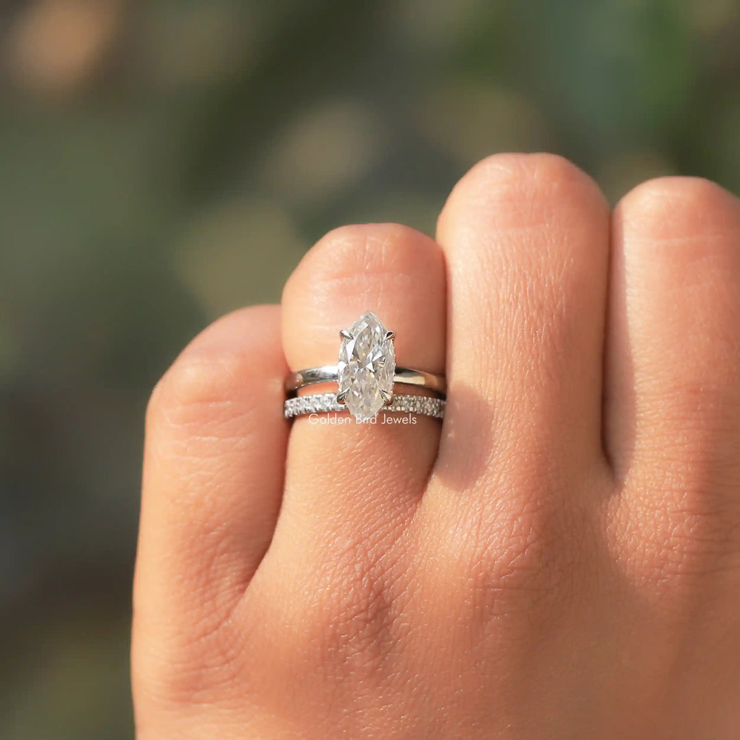 Marquise Cut Moissanite Hidden Halo Engagement Ring Set