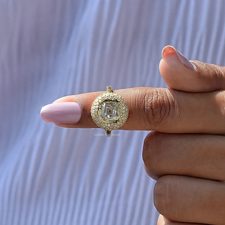 Colorless Mazarin Cut Moissanite Double Halo Ring