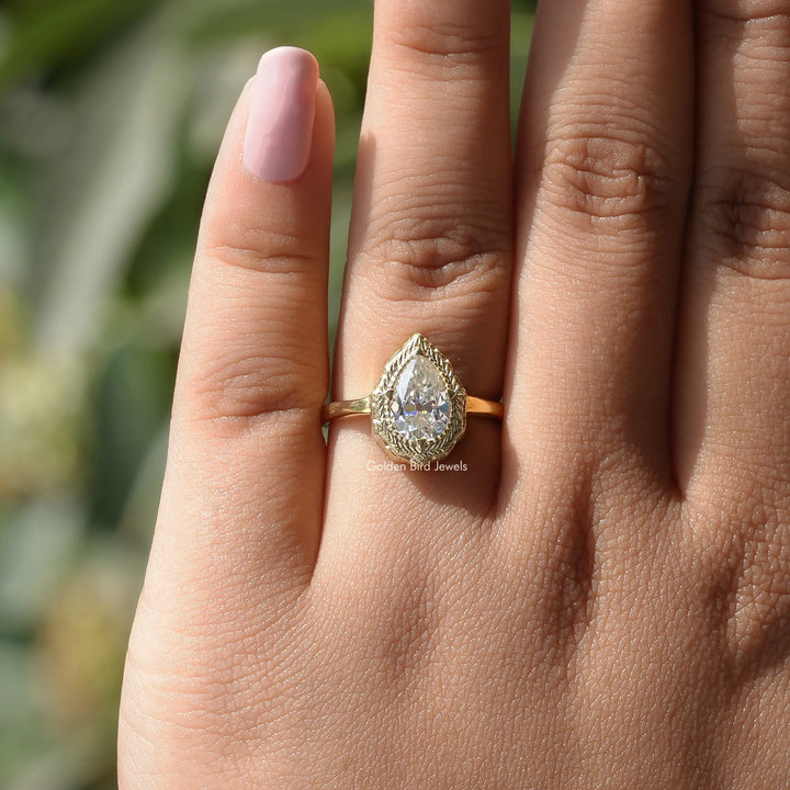 Old Mine Pear Moissanite Milgrain Solitaire Ring