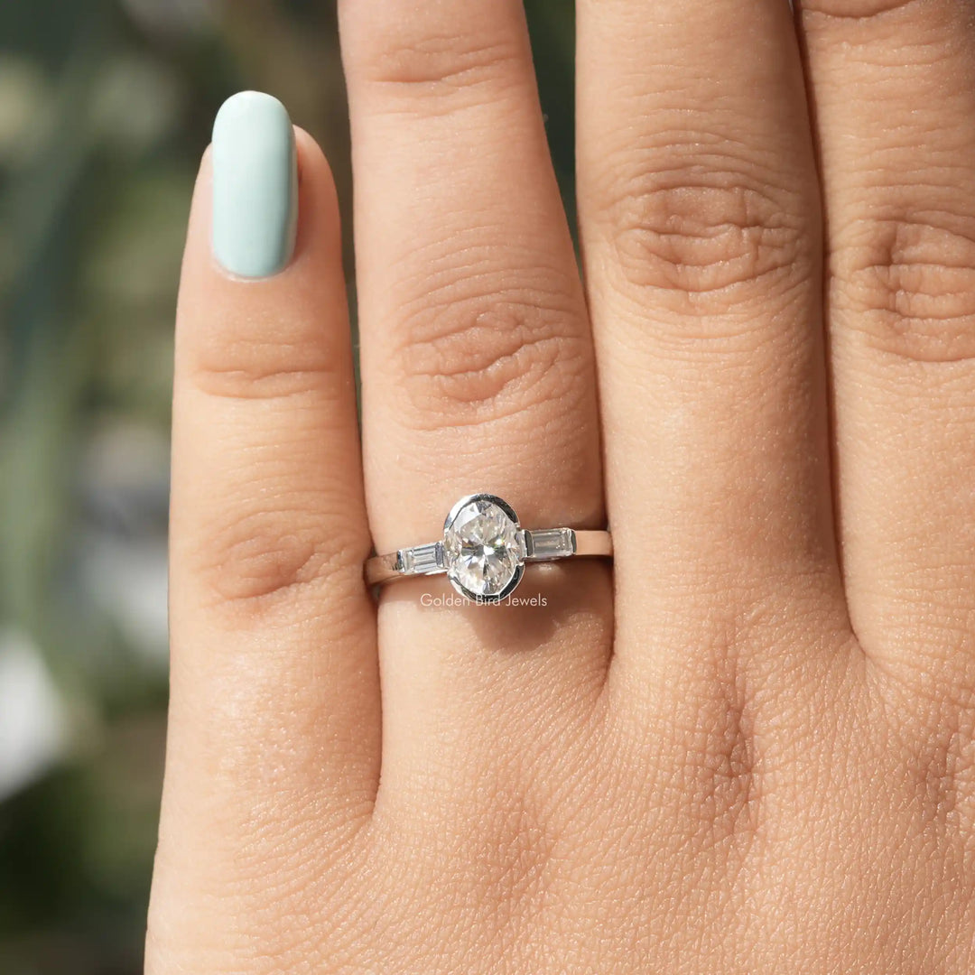 Oval Moissanite Half Bezel Three Stone Ring