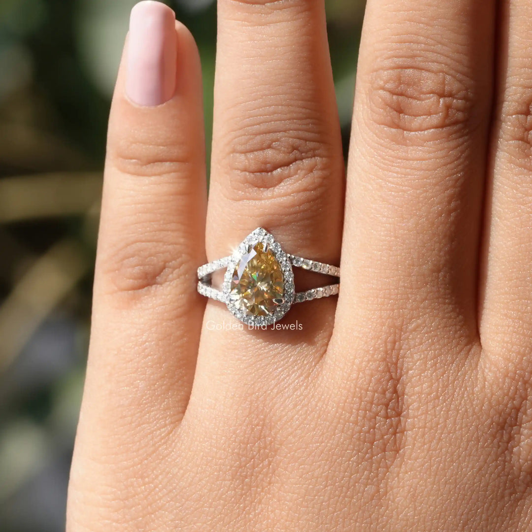 Yellow Pear Moissanite Halo Engagement Ring