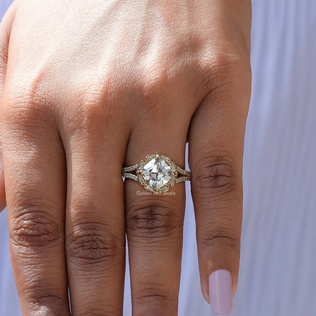 Peruzzi Cut Moissanite Halo Split Shank Ring