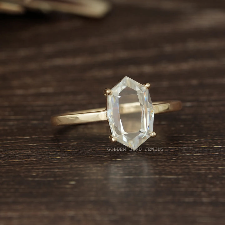 Portrait Cut Hexagon Moissanite Solitaire 14K Yellow Gold Ring