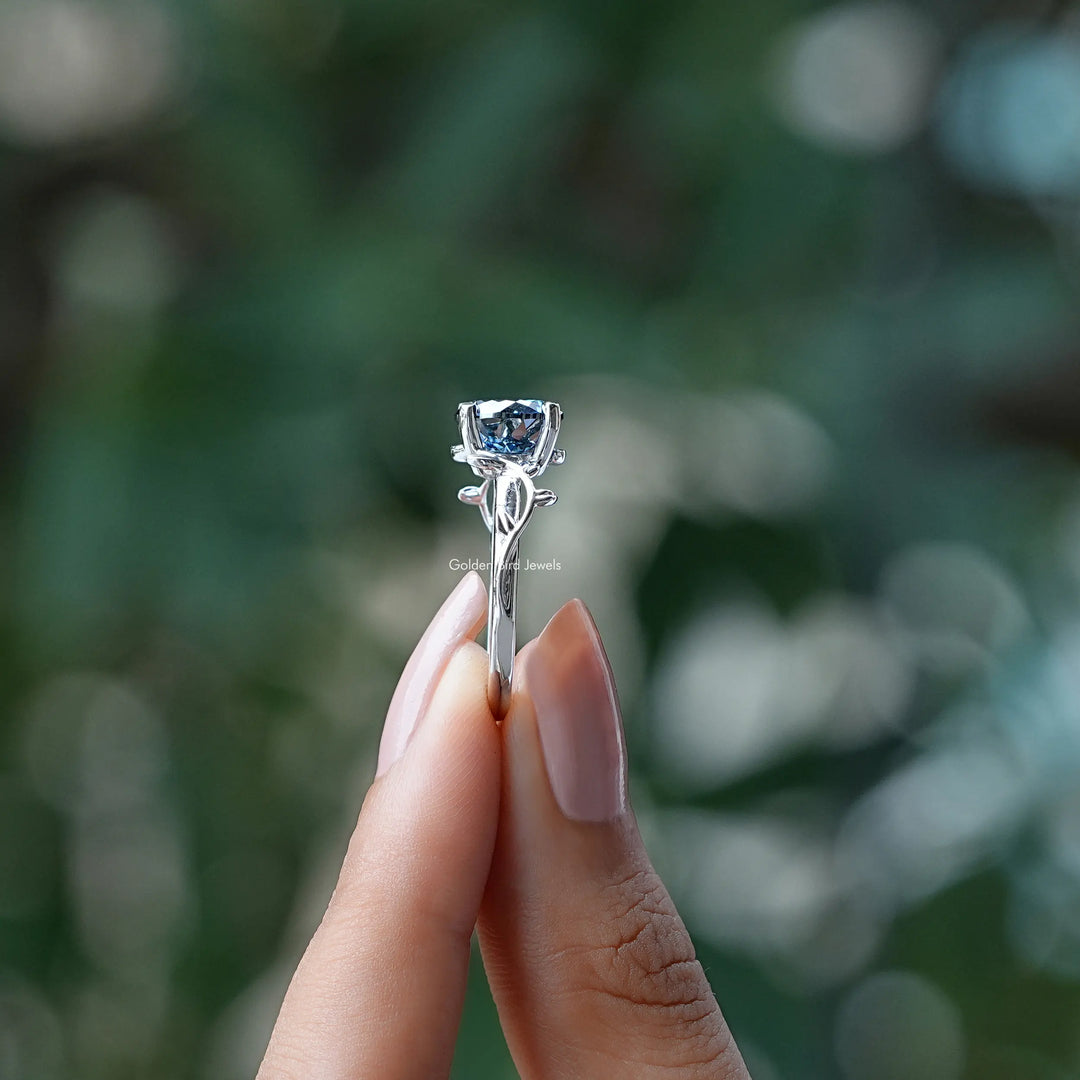 Blue Portuguese Cut Round Moissanite Ring