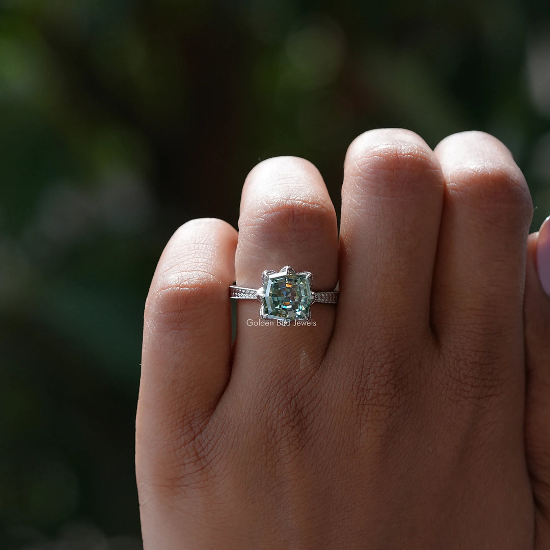 Green Step Cut Cushion Moissanite Engagement Ring