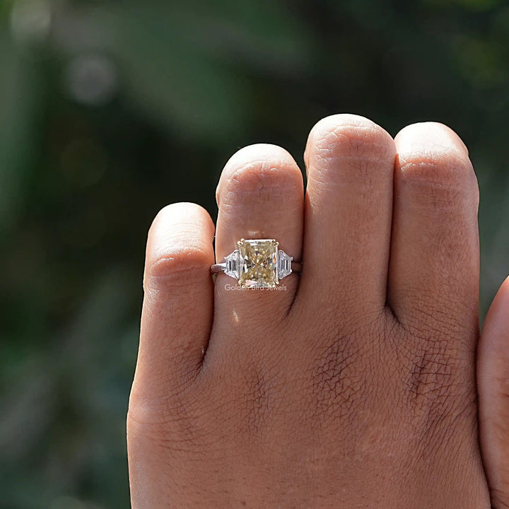 Three Stone Yellow Radiant Moissanite Engagement Ring