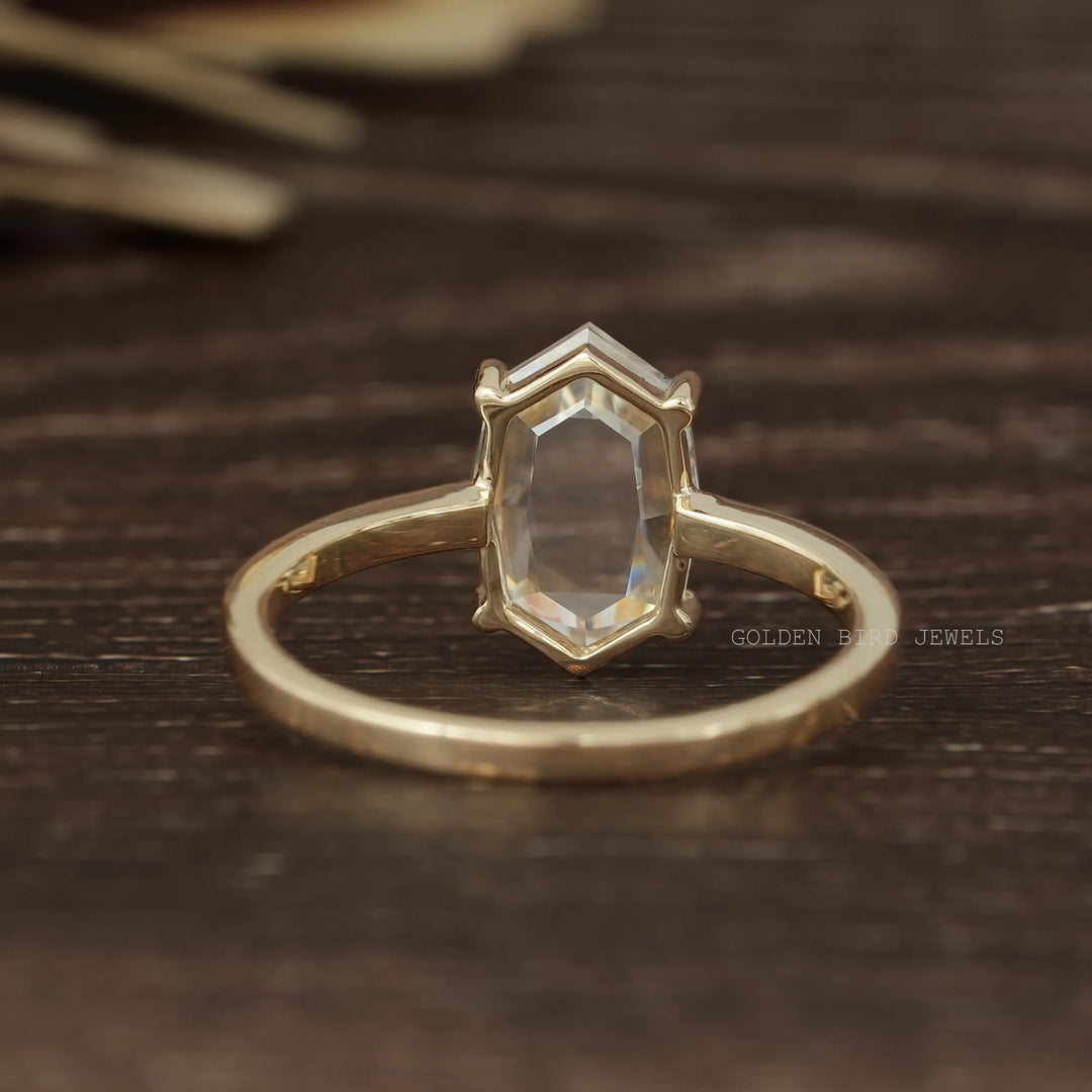 Portrait Cut Hexagon Moissanite Solitaire 14K Yellow Gold Ring