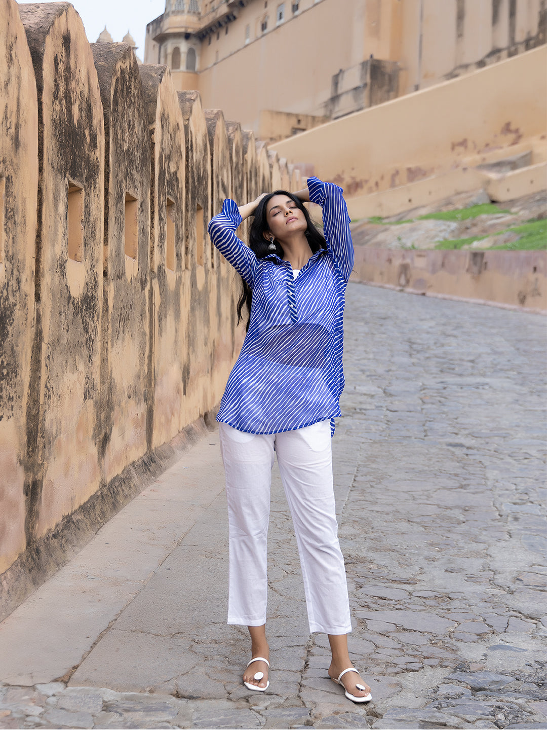 Monika Blue Leheriya Kurta Pants Set