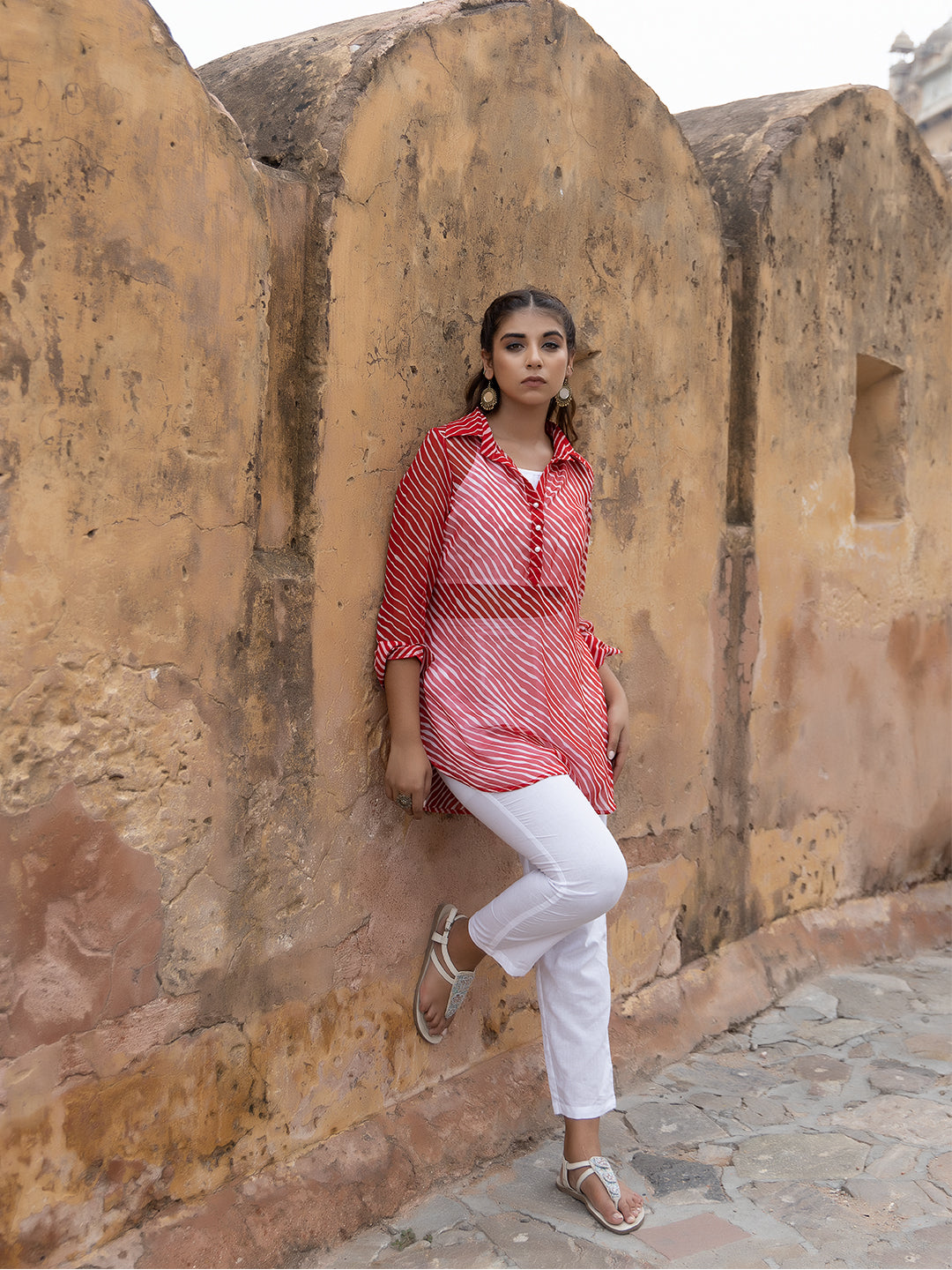 Monika Red Leheriya Kurta Pants Set