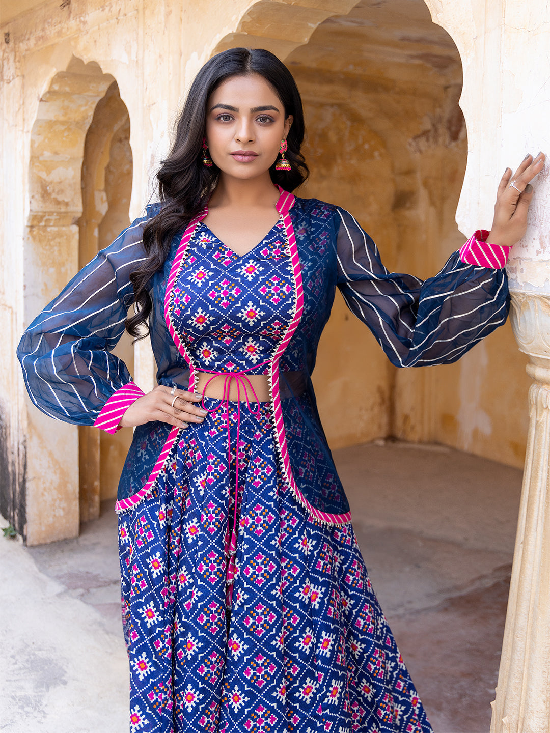 Moonlit Ocean Blue Top Attached Jacket with Skirt  - By Ragavi - qivii