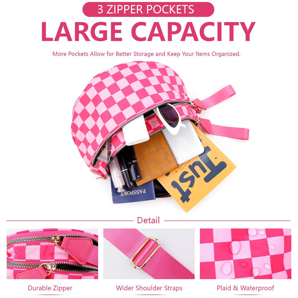 Ounamei Checkered Crossbody Bum Bag for Women Large Capacity Belt Bag for Moms & Everyday Travel