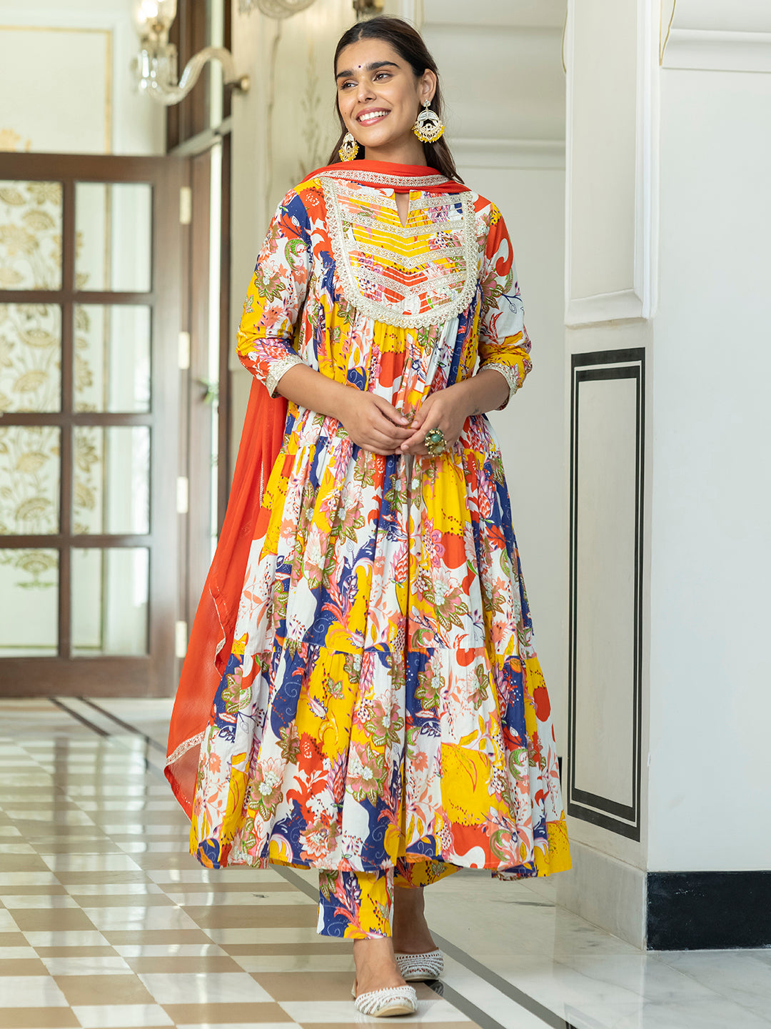 Multicolor Cotton Embellished Floral Printed Kurta Pant Set  - By Janasya