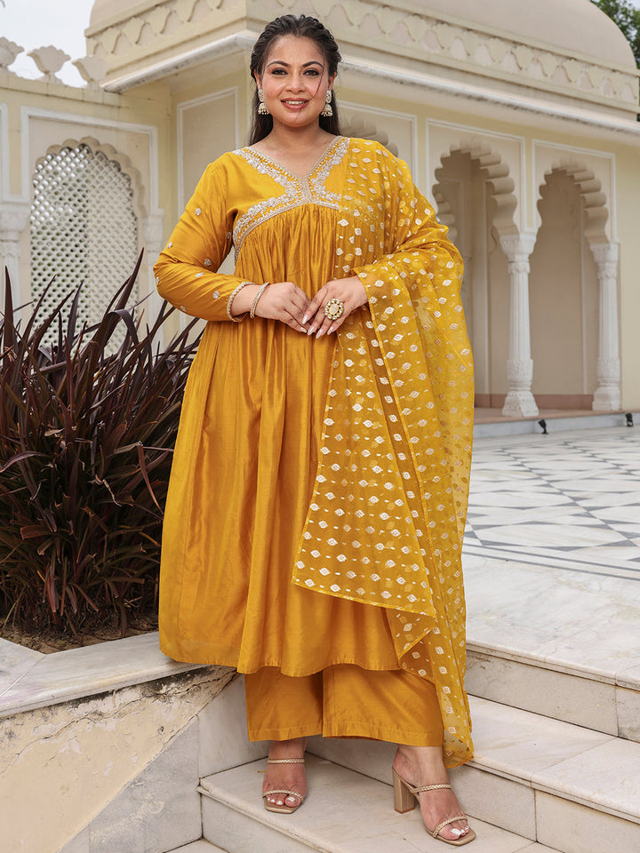 Mustard Chanderi Emabellished Kurta with Palazzo and Dupatta  - By Janasya