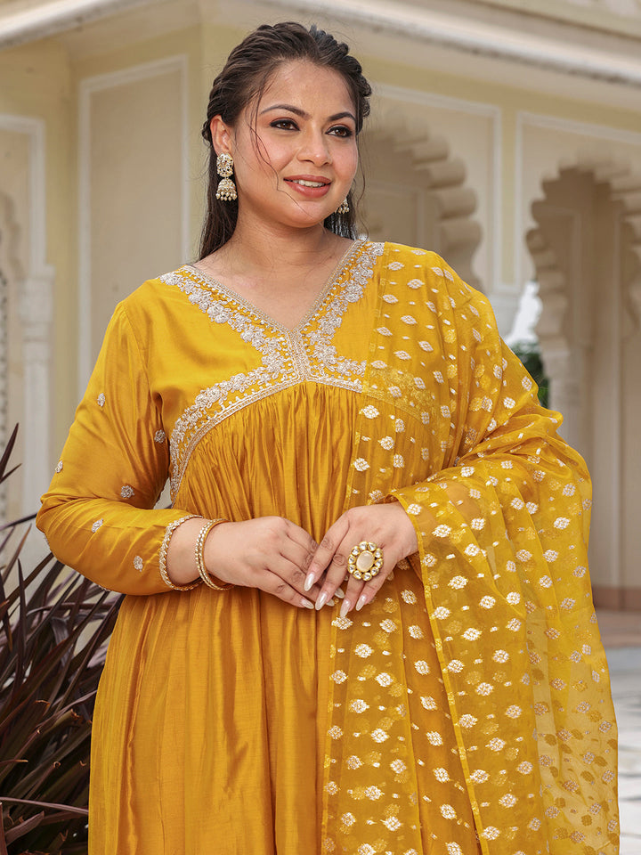 Mustard Chanderi Emabellished Kurta with Palazzo and Dupatta  - By Janasya