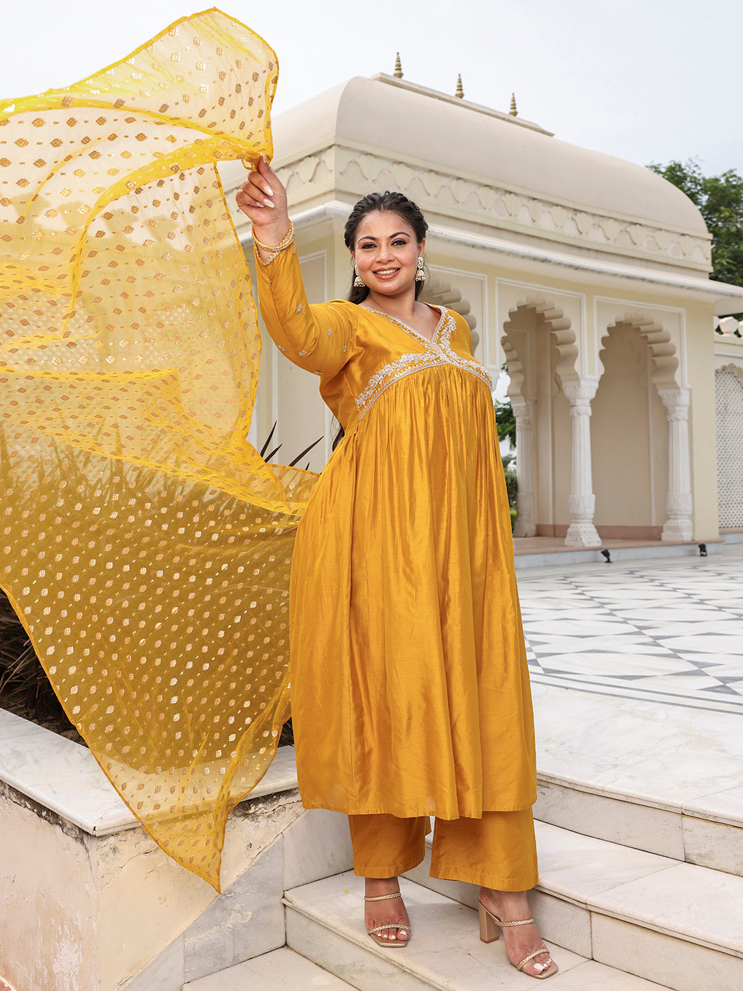 Mustard Chanderi Emabellished Kurta with Palazzo and Dupatta  - By Janasya