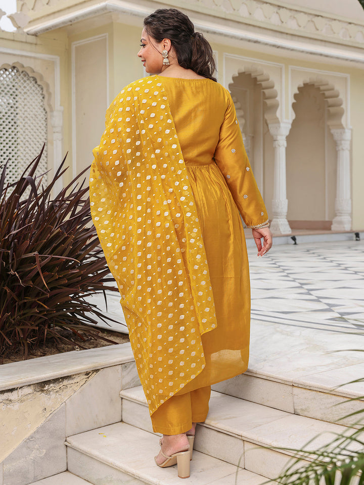 Mustard Chanderi Emabellished Kurta with Palazzo and Dupatta  - By Janasya