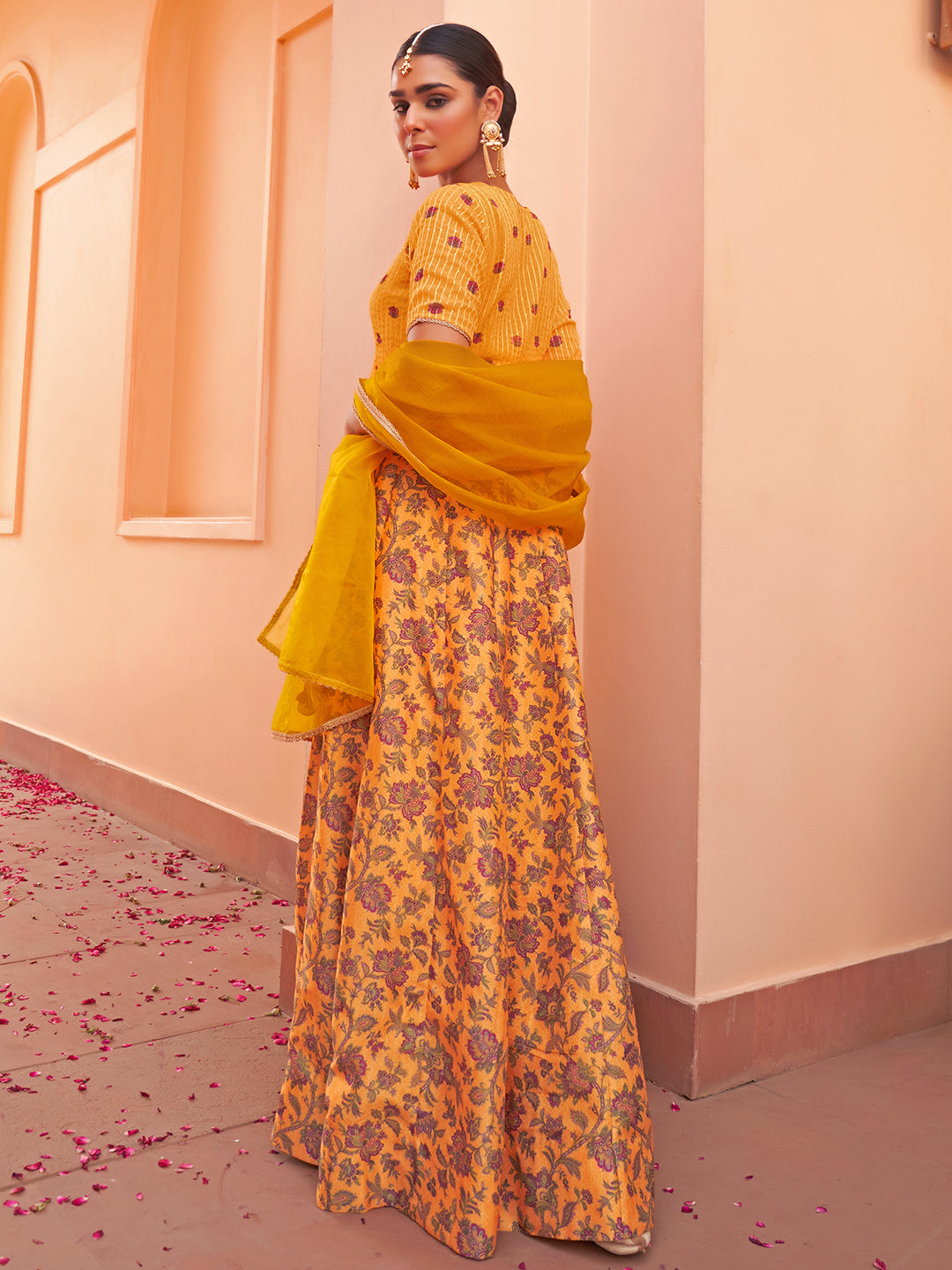 Mustard Crepe Silk Digital Floral Printed Lehenga Choli With Dupatta  - By Janasya