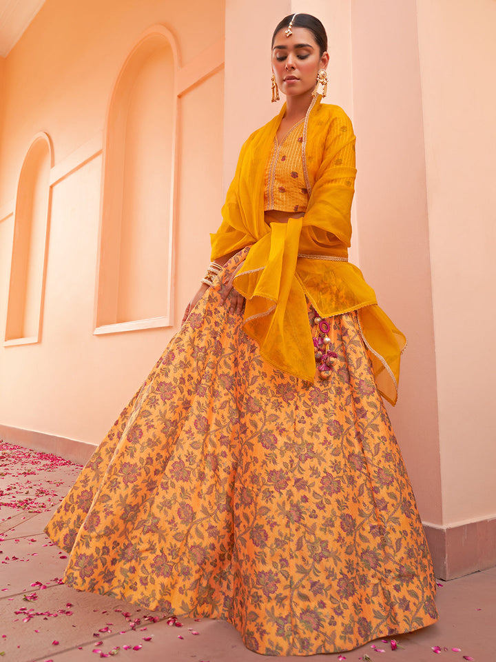 Mustard Crepe Silk Digital Floral Printed Lehenga Choli With Dupatta  - By Janasya