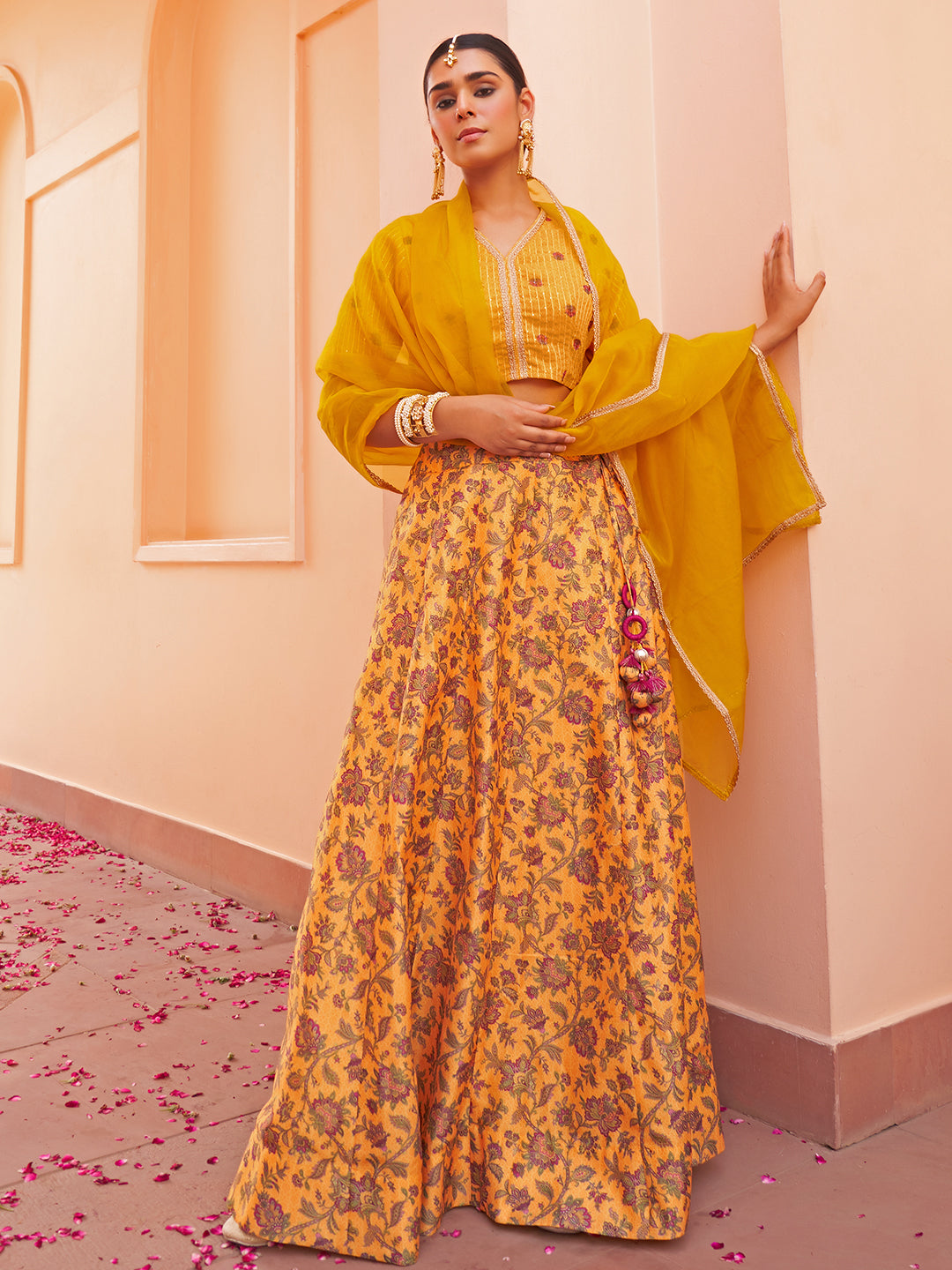 Mustard Crepe Silk Digital Floral Printed Lehenga Choli With Dupatta  - By Janasya