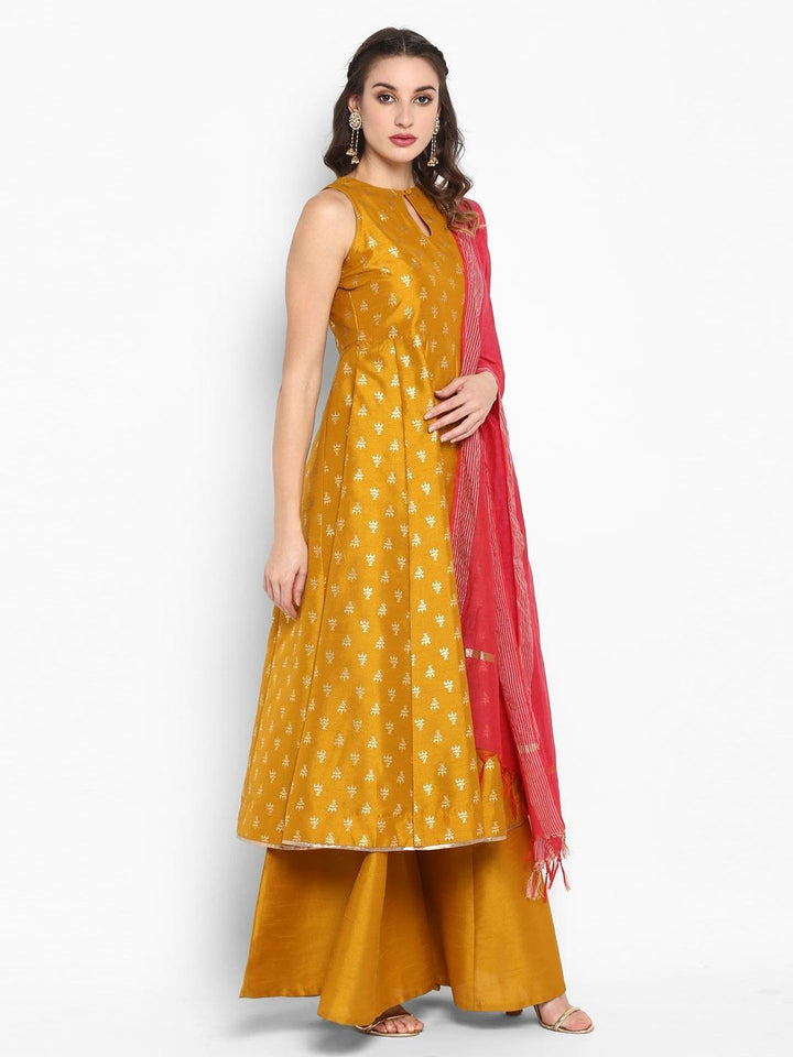 Mustard Rayon Foil Print Kurta Palazzo Set  - By Janasya