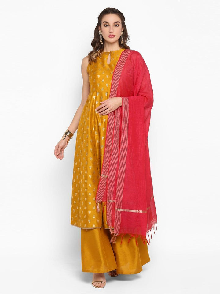 Mustard Rayon Foil Print Kurta Palazzo Set  - By Janasya