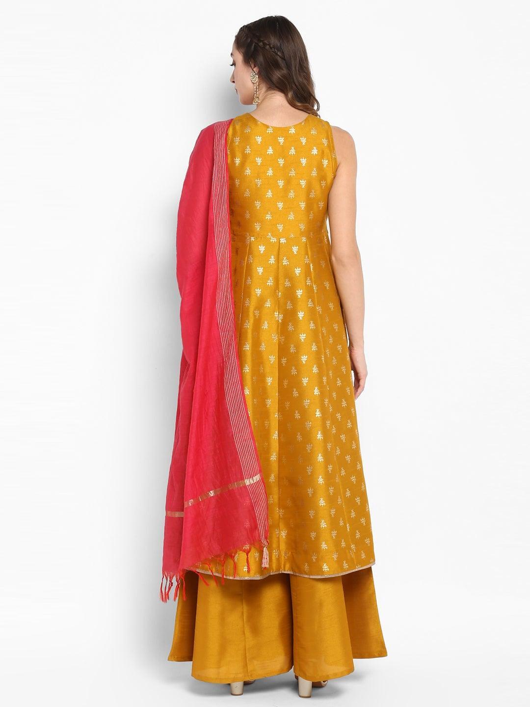 Mustard Rayon Foil Print Kurta Palazzo Set  - By Janasya