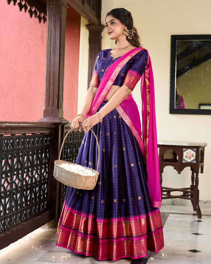 Navy Blue Cotton Silk Weaving Work With Paithani Concept Lehenga