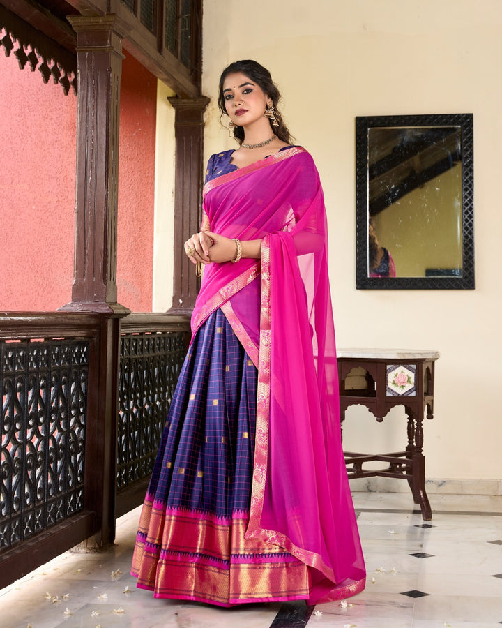 Navy Blue Cotton Silk Weaving Work With Paithani Concept Lehenga