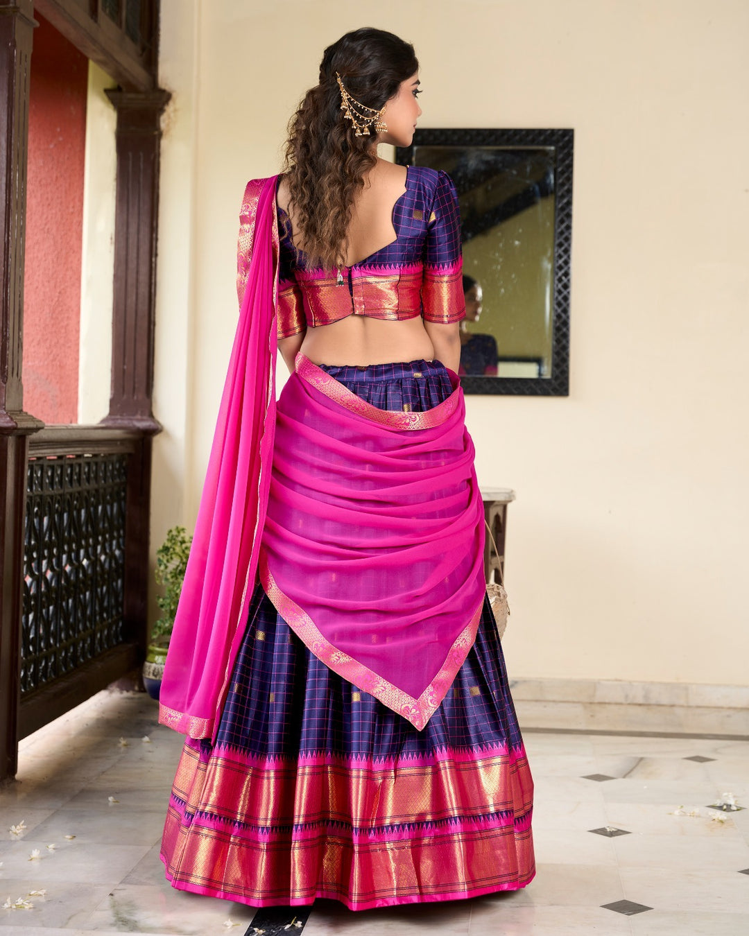 Navy Blue Cotton Silk Weaving Work With Paithani Concept Lehenga