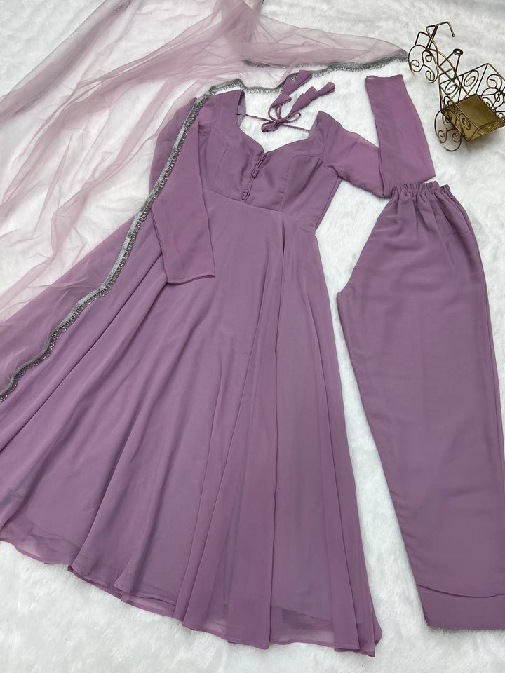 Lavender Color Pure Soft Fox Georgette Fabric Fully Flair Anarkali, With Duppta SET