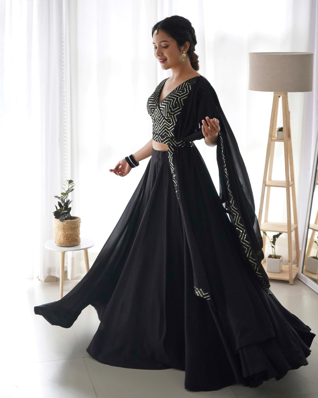 Beautifully crafted black color pure soft fox georgette fabric lehengha choli, fully stitched for a perfect fit and elegant look