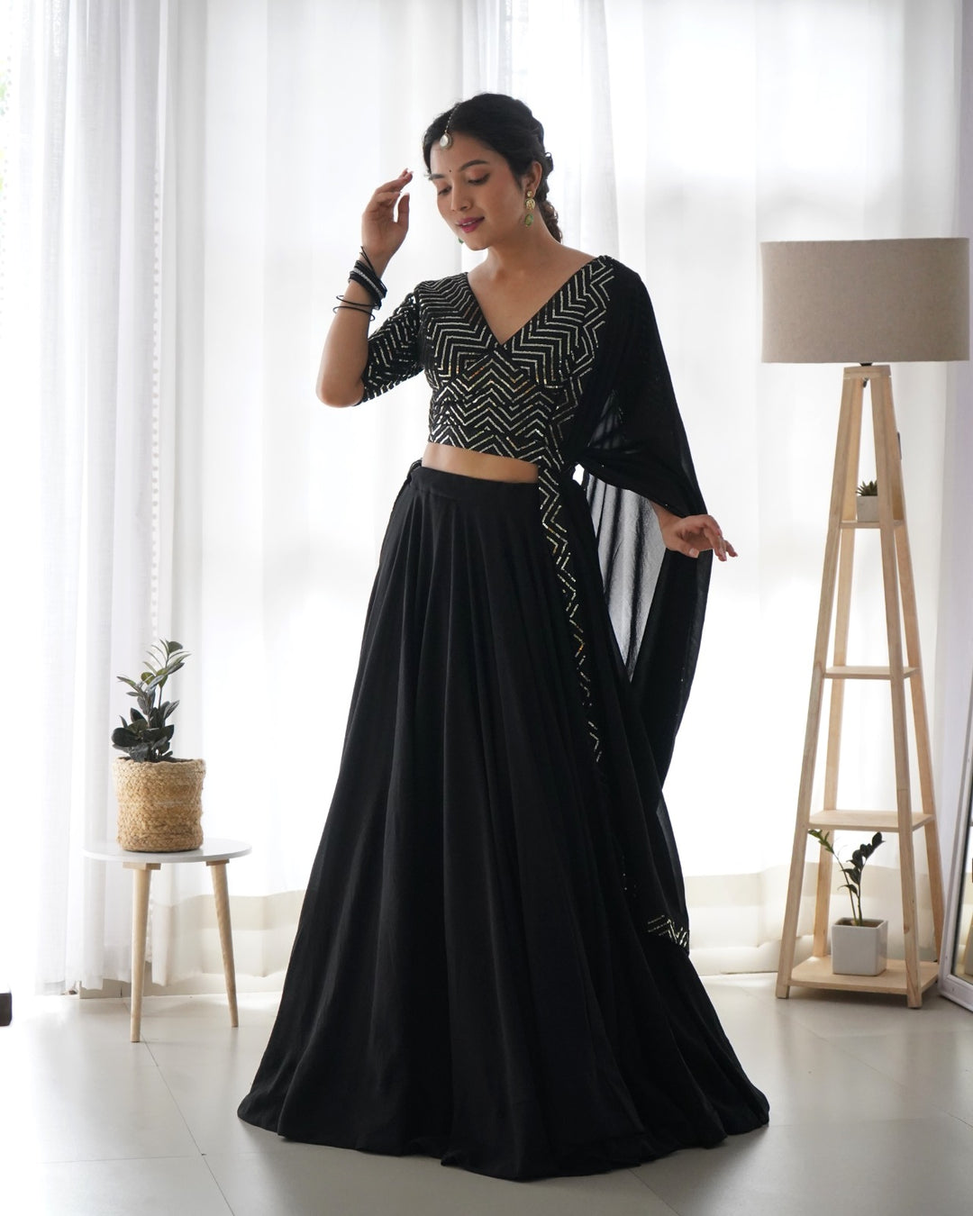 BLACK COLOR PURE SOFT FOX GEORGETTE FABRIC LEHENGHA CHOLI FULLY STTICHED