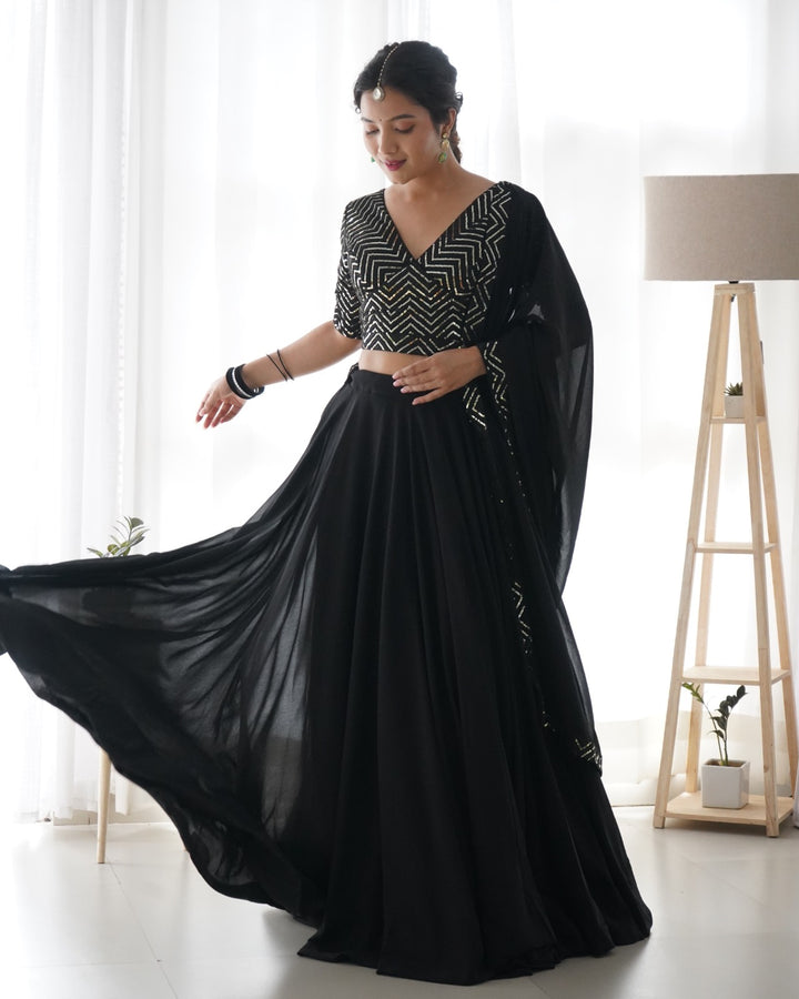 BLACK COLOR PURE SOFT FOX GEORGETTE FABRIC LEHENGHA CHOLI FULLY STTICHED