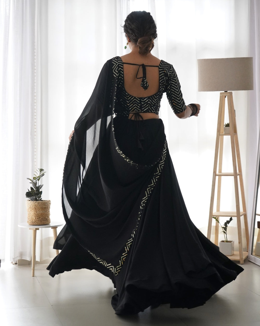 BLACK COLOR PURE SOFT FOX GEORGETTE FABRIC LEHENGHA CHOLI FULLY STTICHED