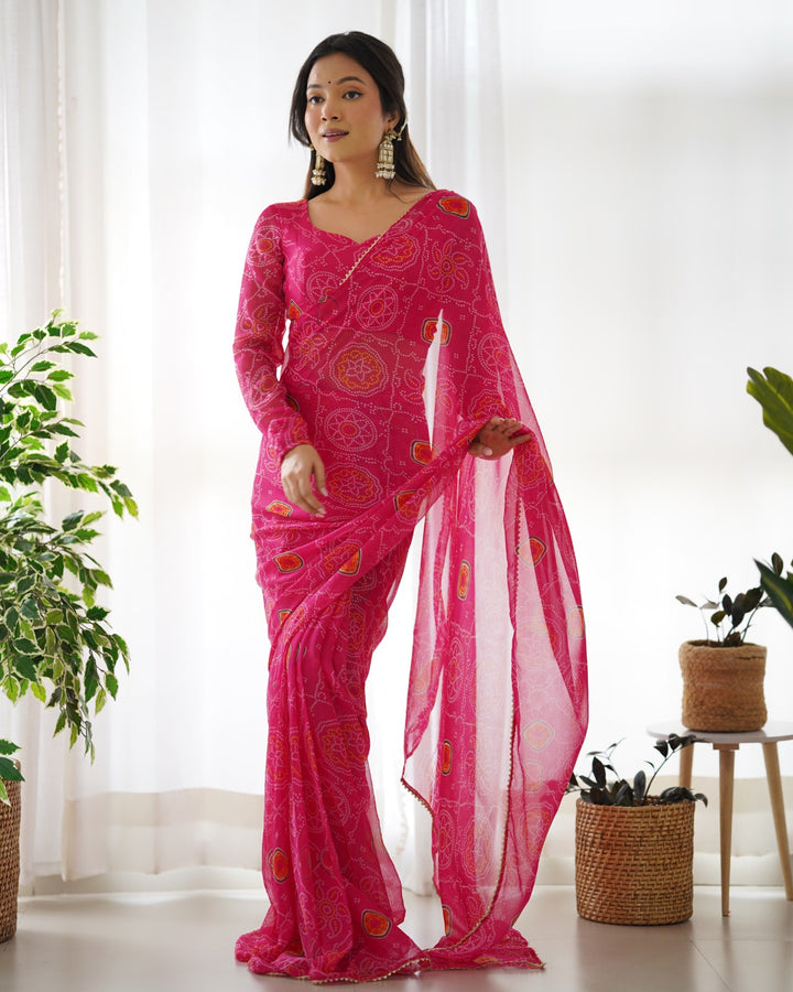 PINK COLOR PURE SOFT CHIFFON VERYLIGHT WEIGHT FABRIC,BOADER LACE WORK PREDRAPPED READY TO WEAR SAREE