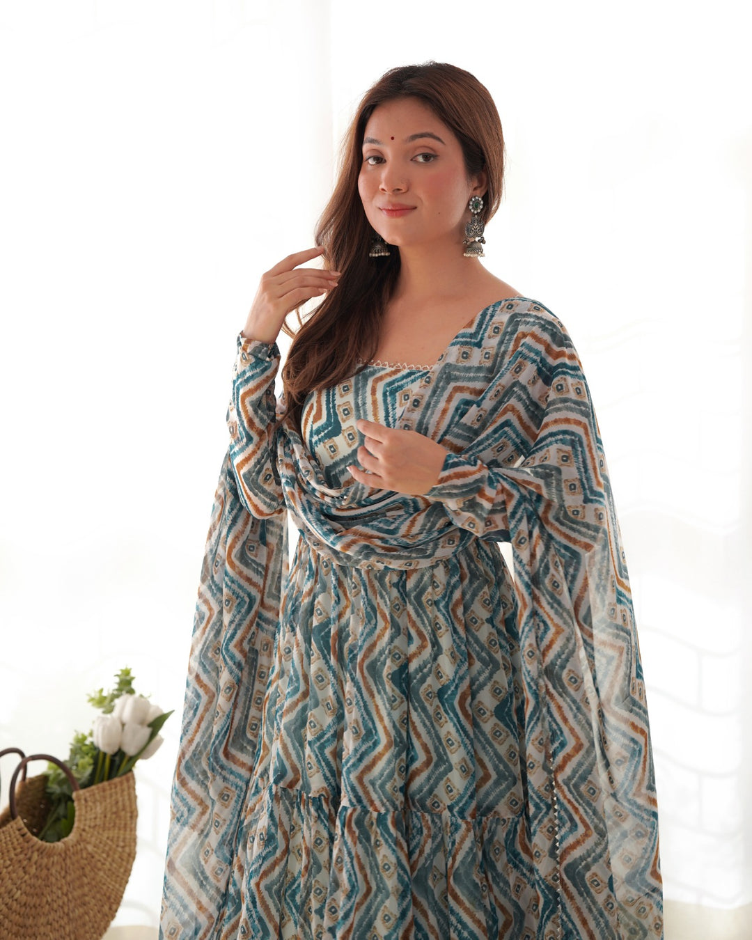 LIGHTBLUE PURE SOFT FOX GEORGETTE ZIGZAG PRINT FABRIC FULLY FLAIR ANARKALI SUIT