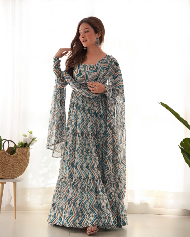 LIGHTBLUE PURE SOFT FOX GEORGETTE ZIGZAG PRINT FABRIC FULLY FLAIR ANARKALI SUIT