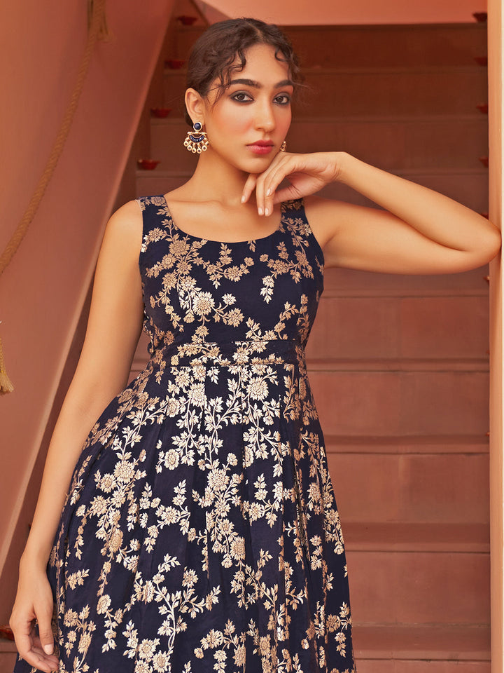 Navy Blue Brocade Woven Design Flared Dress  - By Janasya