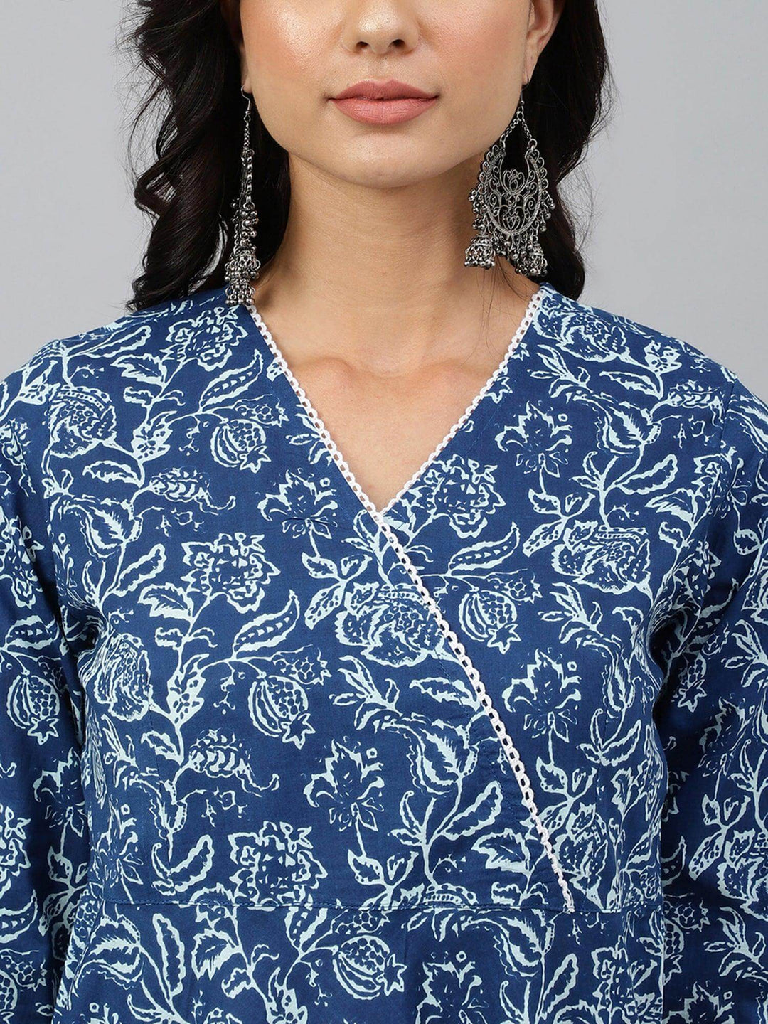 Navy Blue Cotton Floral Print Angrakha Western Dress  - By Janasya