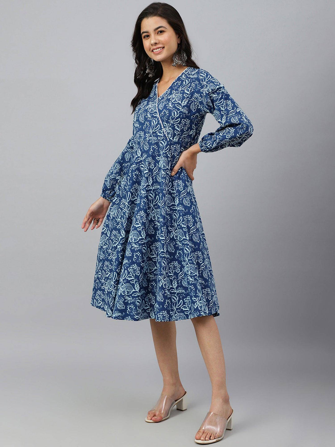 Navy Blue Cotton Floral Print Angrakha Western Dress  - By Janasya