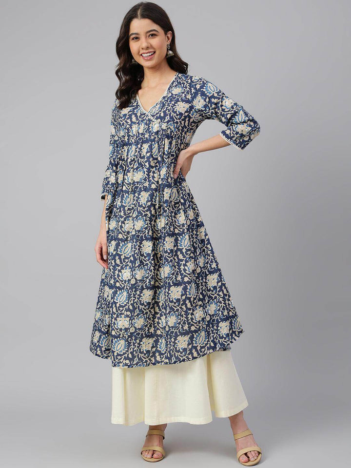 Navy Blue Cotton Floral Print Flared Kurta  - By Janasya