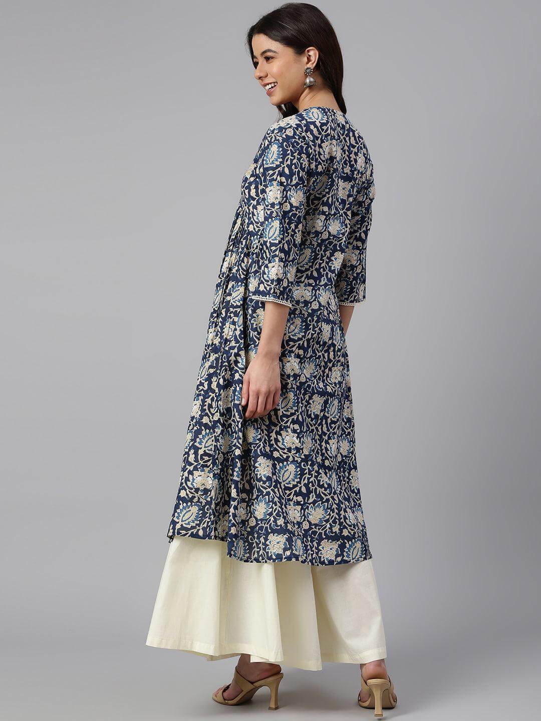 Navy Blue Cotton Floral Print Flared Kurta  - By Janasya