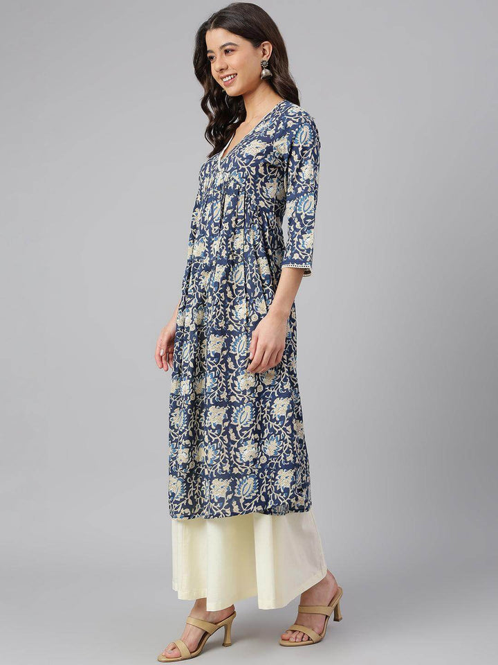 Navy Blue Cotton Floral Print Flared Kurta  - By Janasya