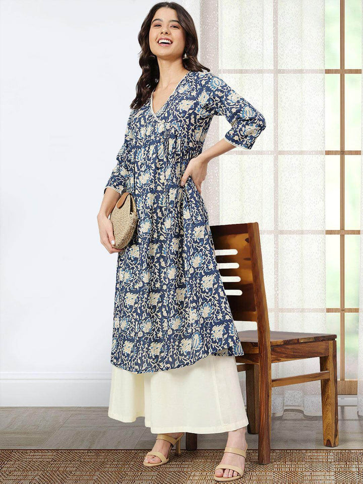 Navy Blue Cotton Floral Print Flared Kurta  - By Janasya