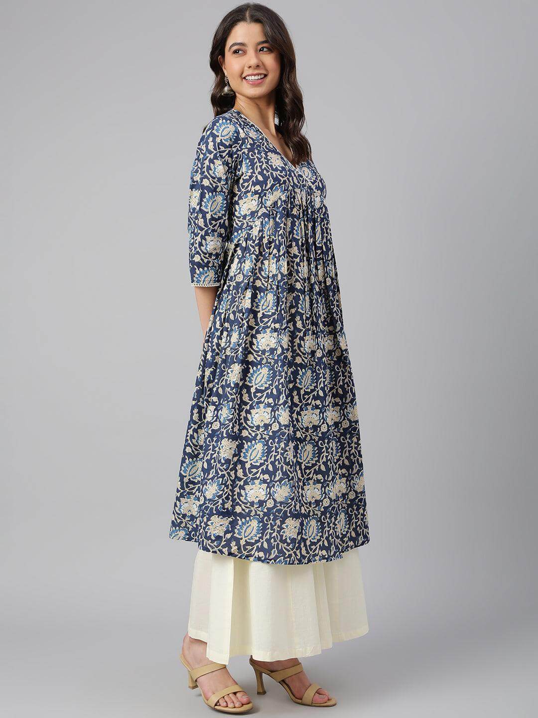 Navy Blue Cotton Floral Print Flared Kurta  - By Janasya