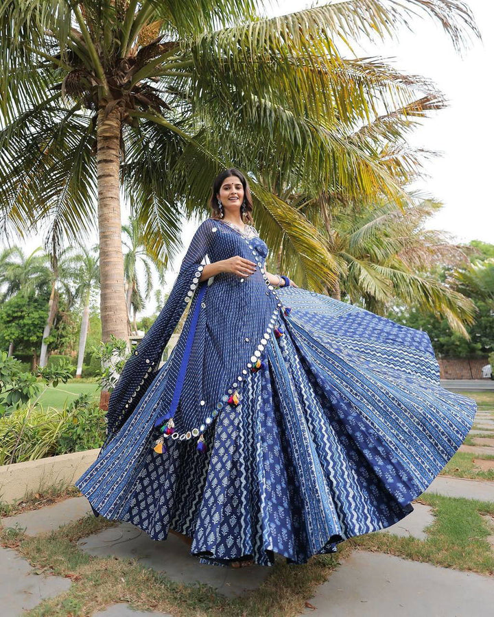 Navy Blue Color Maslin With Printed Navratri Special Designer Lehengas