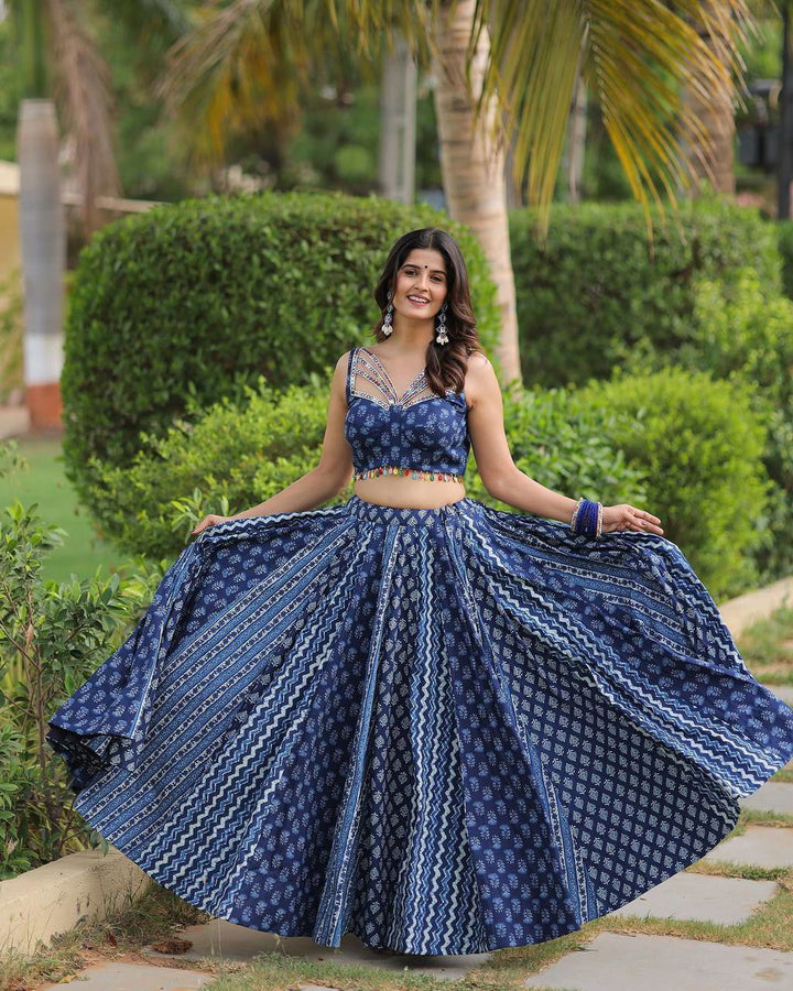 Navy Blue Color Maslin With Printed Navratri Special Designer Lehengas