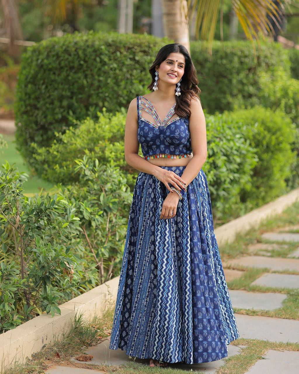 Navy Blue Color Maslin With Printed Navratri Special Designer Lehengas